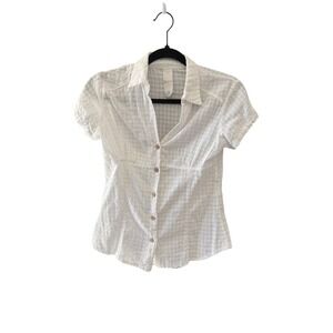 Sweet White Textured Cotton Button Up Empire Waist Short Sleeve Blouse Womens M
